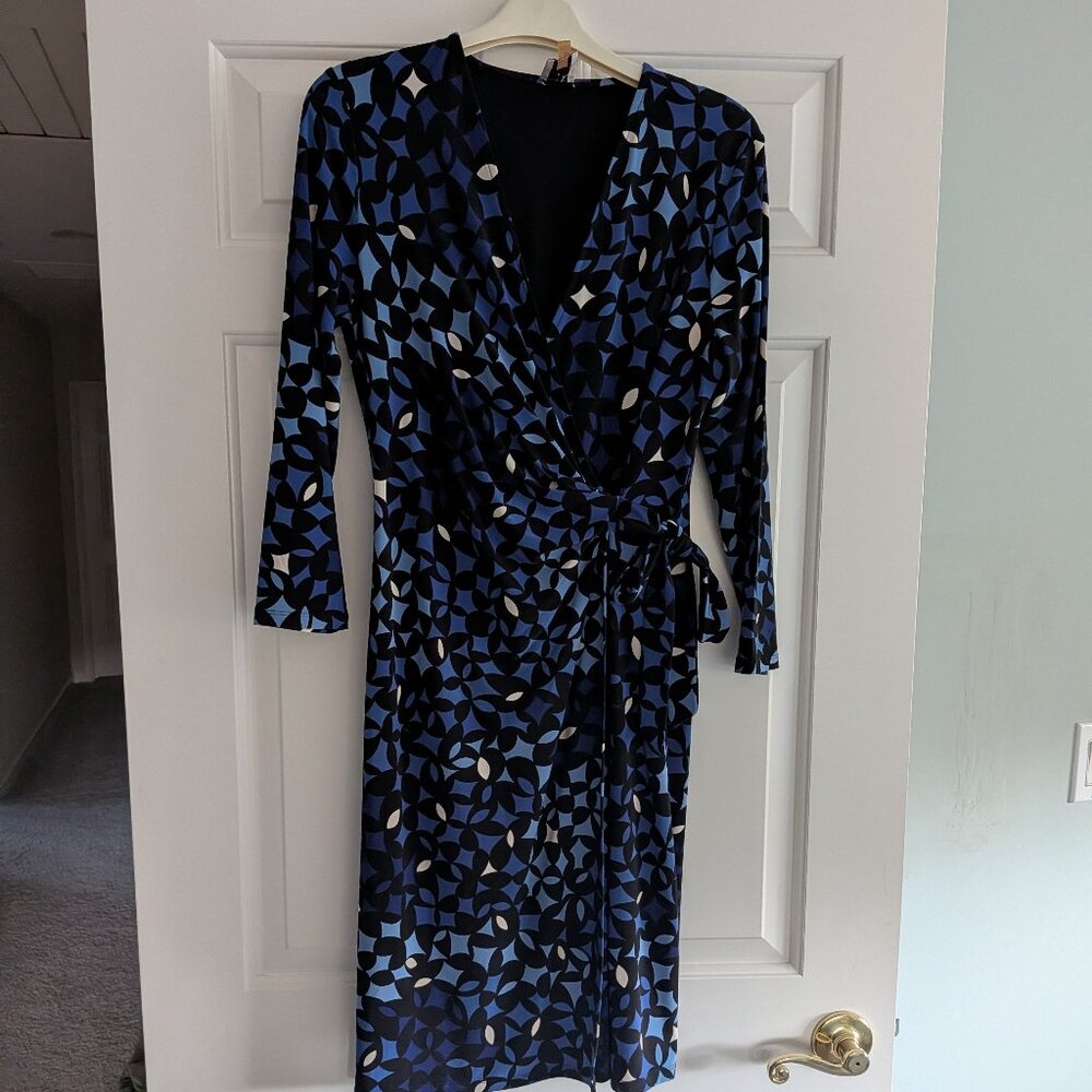 Anne Klein Classic Wrap Dress - Size M 3/4 Sleeve Blue, Black, White  Preowned